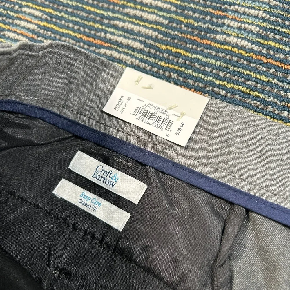 Croft and Barrow Dress Pants 38x30 Gray Easy Care Classic Fit Stretch Khakis New